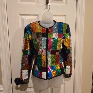 Vintage Adrienne Vittadini Rainbow Sequin Glitter Patchwork Jacket Small